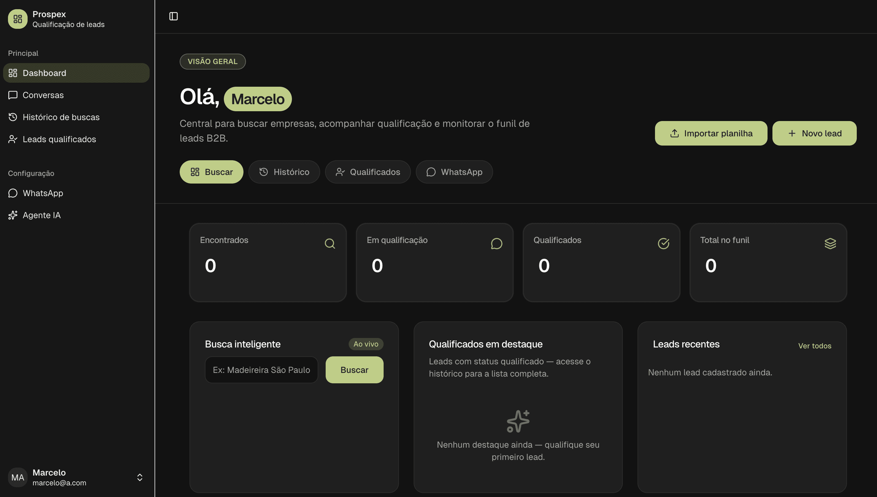 Painel Prospex — dashboard de qualificação de leads B2B
